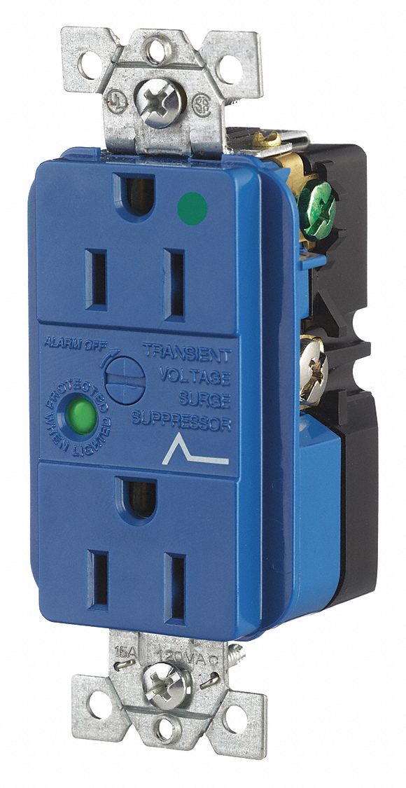 Receptacle: Duplex, 5-15R, 15 A, 125V AC, Blue, 2 Pole / 3 Wire Poles & Wires, Hospital Grade