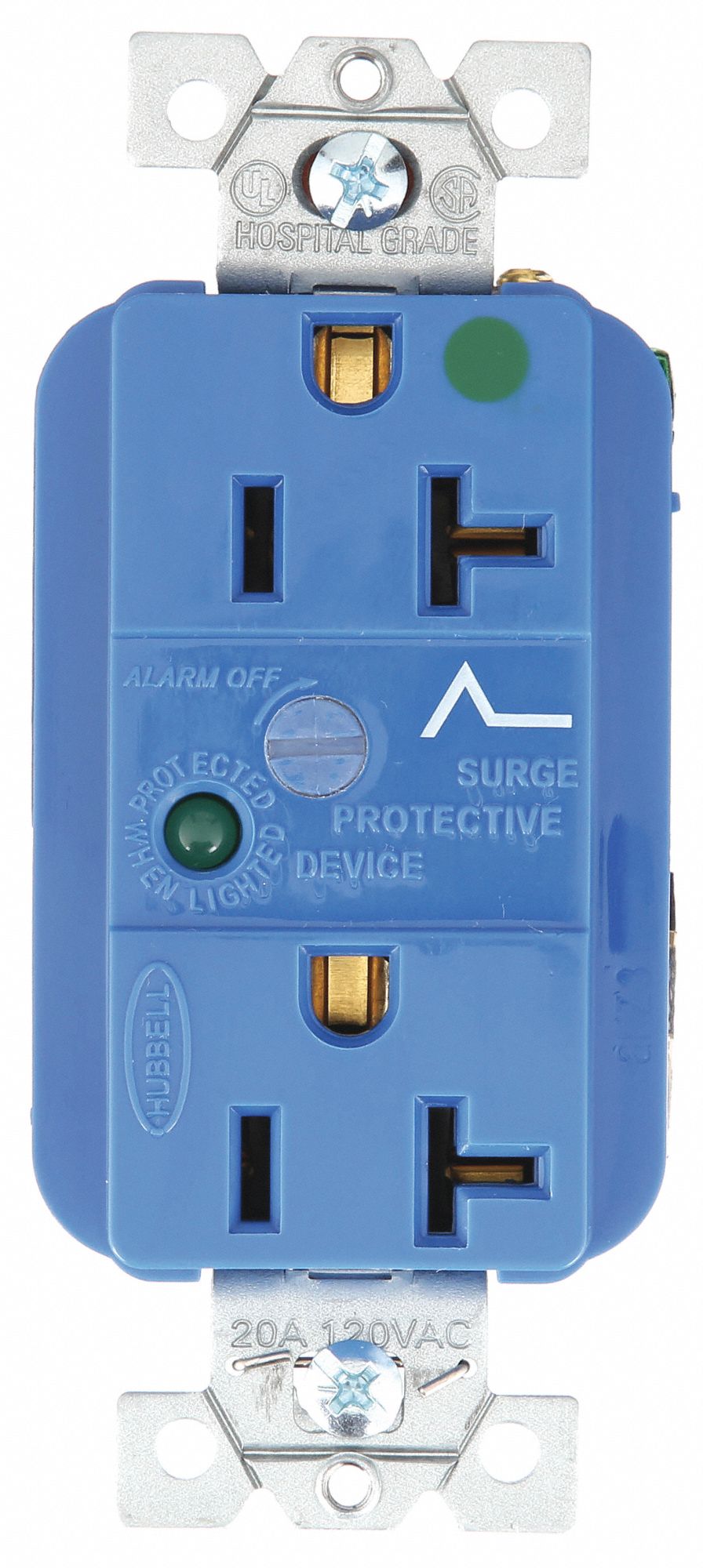 Receptacle: Duplex, 5-20R, 20 A, 125V AC, Blue, 2 Pole / 3 Wire Poles & Wires, Hospital Grade