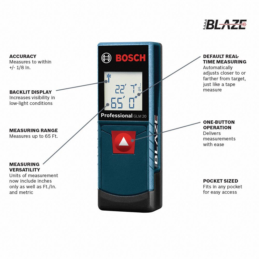 BOSCH BLAZE Laser Distance Meter 65 ft Max Measuring Distance, ±1/8 in