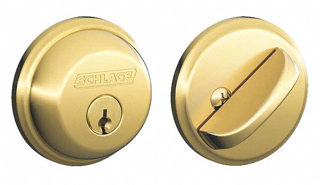 Deadbolt Lock: Cylindrical, 1 3/8 in Door Thick - Max, Brass