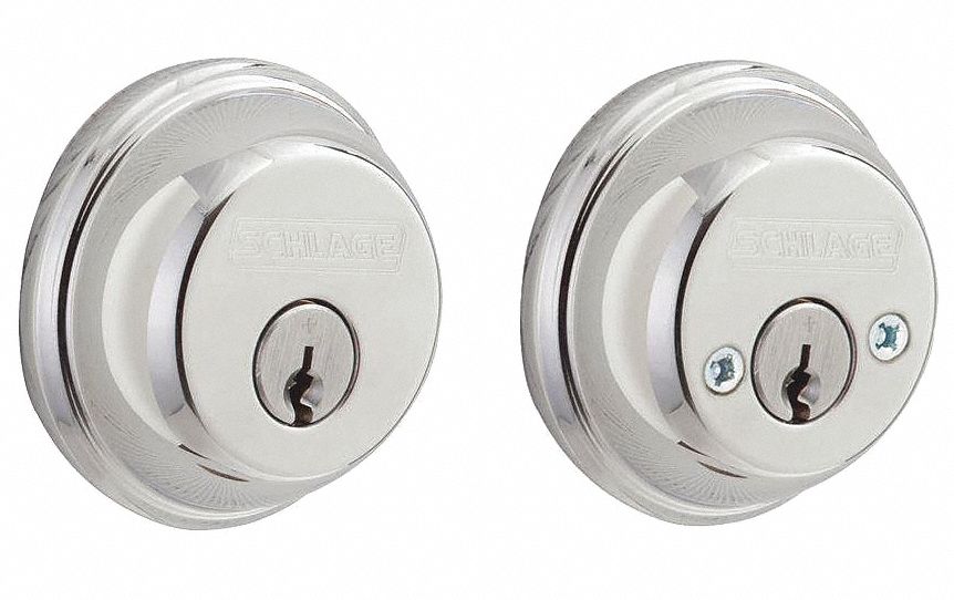 Deadbolt Lock: Cylindrical, 1 3/8 in Door Thick - Max, Chrome