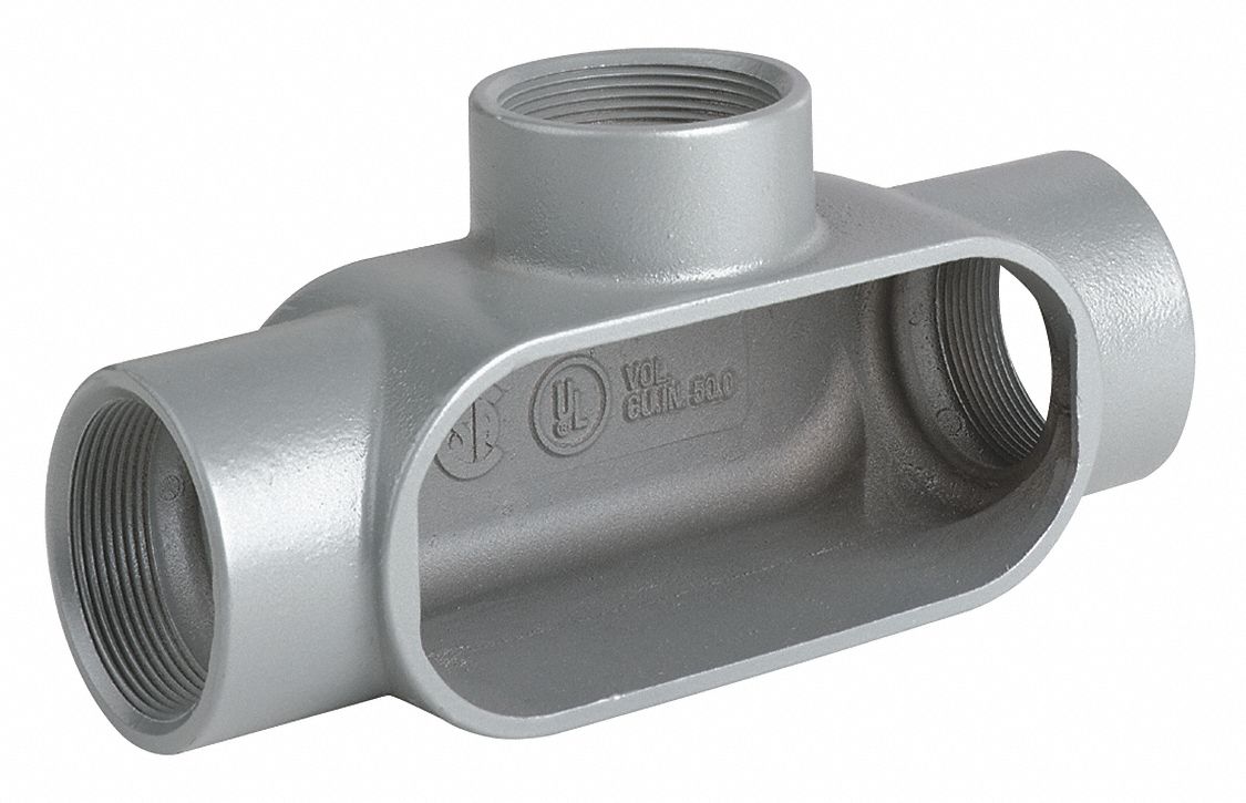 Conduit Outlet Body: Iron, 2 1/2 in Trade Size, T Body, 134 cu in Body  Capacity, Threaded Hub