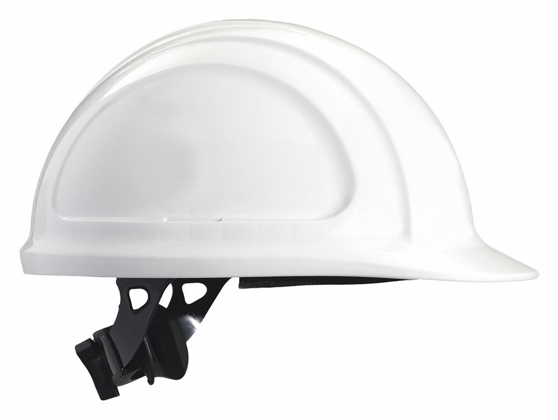 Hard Hat: White, No Graphics, Ratchet (4-Point), Ratchet, Polyethylene, Side-Slots, Solid