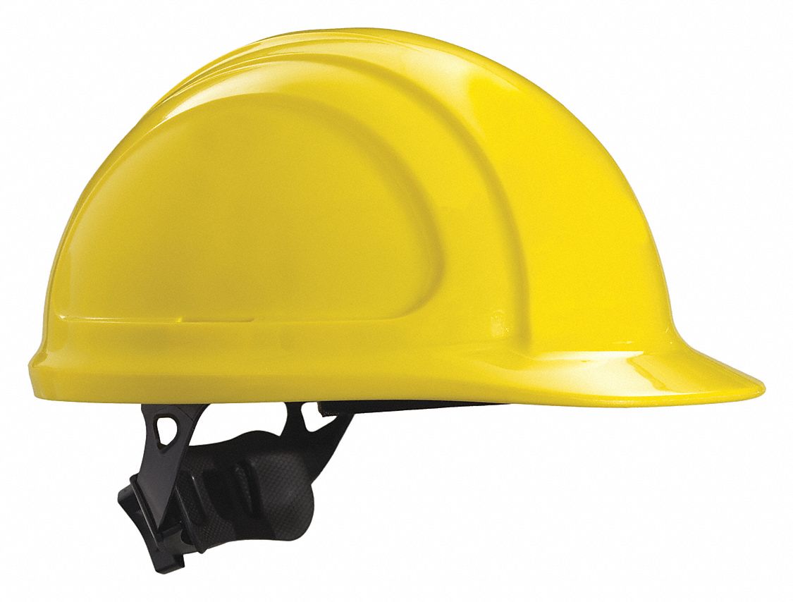 Hard Hat: Yellow, No Graphics, Ratchet (4-Point), Ratchet, Polyethylene, Side-Slots, NORTH