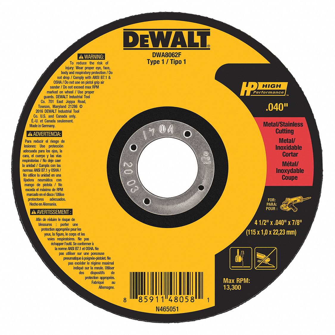 DEWALT Abrasive Cut-Off Wheel: Type 1, 4 1/2 in x 0.04 in x 7/8 in,  Aluminum Oxide, 60 Grit, A60T