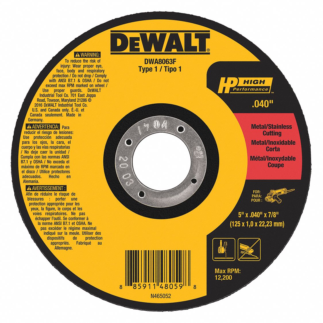 ABRASIVE CUT-OFF WHEEL, TYPE 1, 5 IN X 0.04 IN X ⅞ IN, ALUMINUM OXIDE, 60 GRIT, A60T