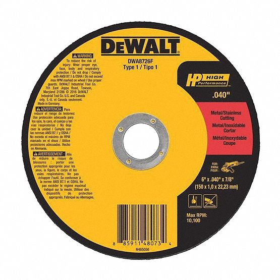 ABRASIVE CUT-OFF WHEEL, TYPE 1, 6 IN X 0.04 IN X ⅞ IN, ALUMINUM OXIDE, 60 GRIT, A60T