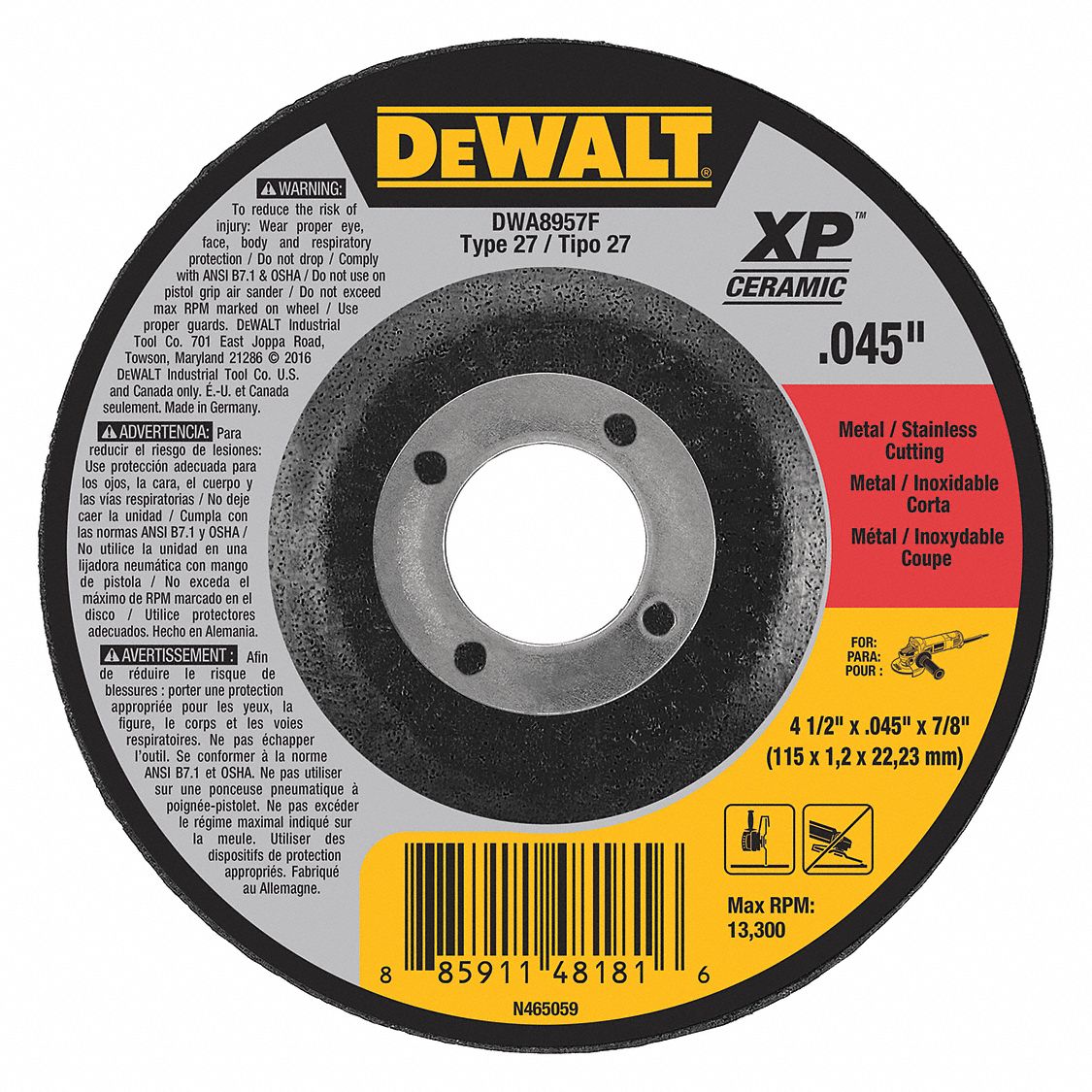 Depressed Center Cut-Off Wheel: Type 27, 4 1/2" x 0.045" x 7/8", Ceramic, 46 Grit, A46U-BF