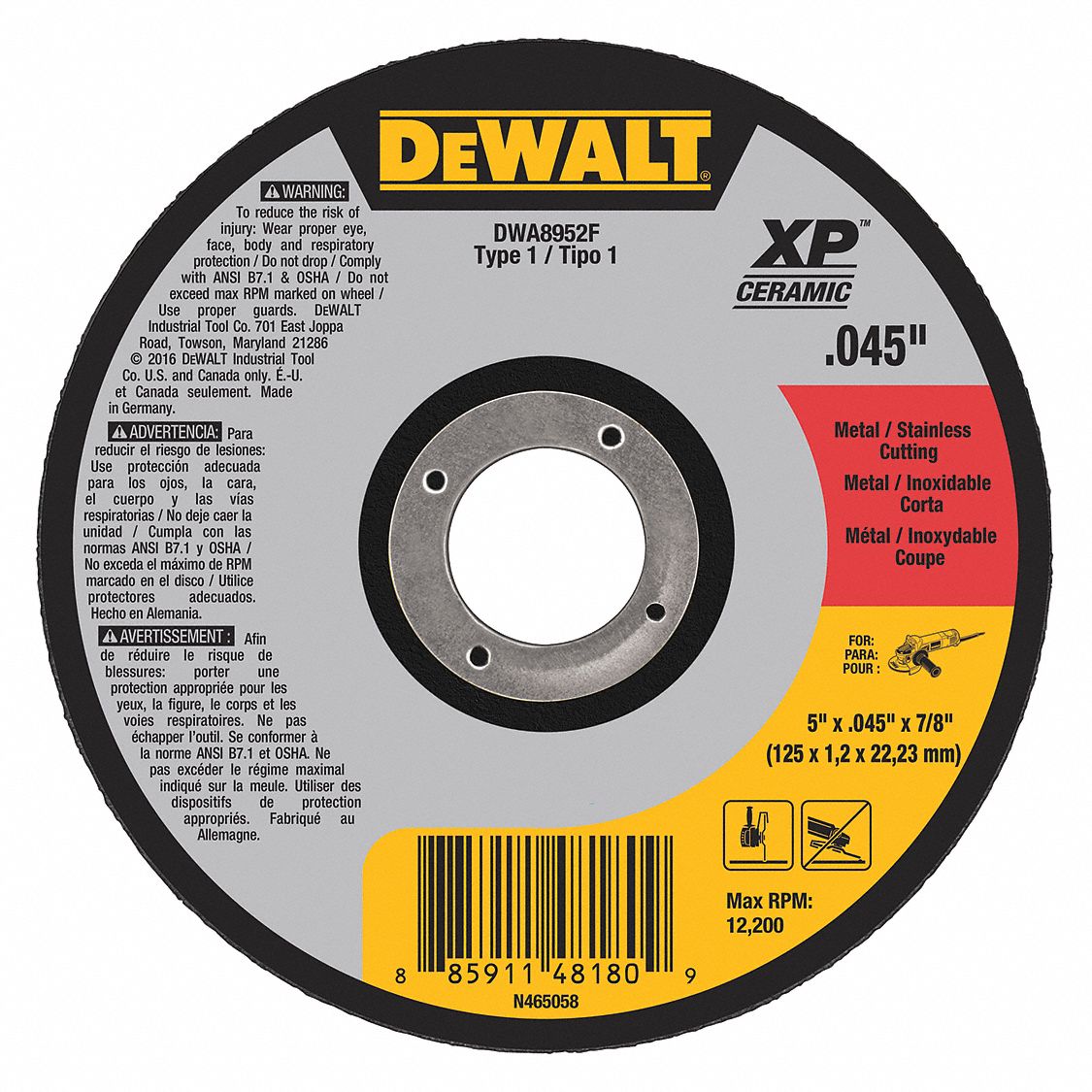 ABRASIVE CUT-OFF WHEEL, TYPE 1, 5 IN X 0.045 IN X ⅞ IN, CERAMIC, 46 GRIT, A46U-BF
