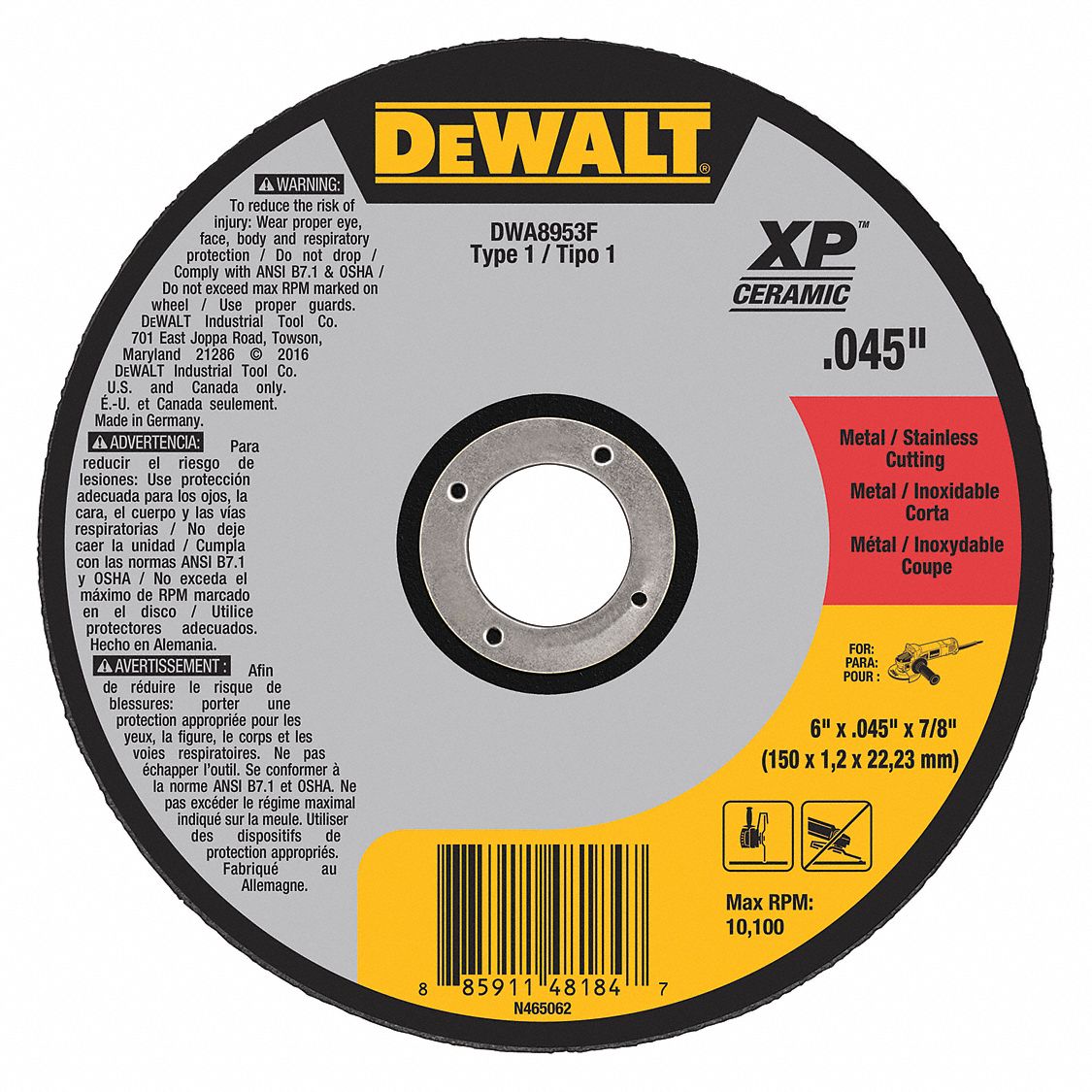 ABRASIVE CUT-OFF WHEEL, TYPE 1, 6 IN X 0.045 IN X ⅞ IN, CERAMIC, 46 GRIT, A46U-BF