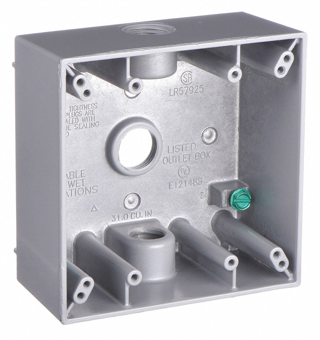 WEATHERPROOF ELECTRICAL BOX, ALUMINUM, 2 GANGS, ½ IN HUB SIZE, 32 CU IN CAPACITY, GREY