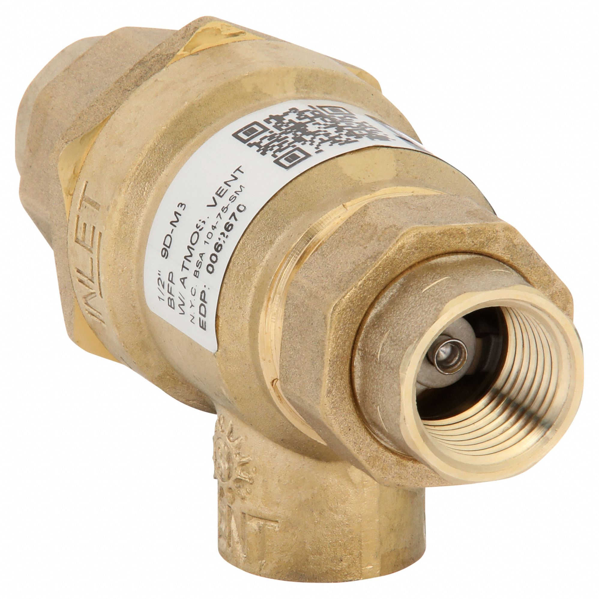 Dual Check w Atmospheric Vent: 9D, 1/2 in Pipe Size, FNPT x FNPT, 18.7 gpm Flow Rate, Brass