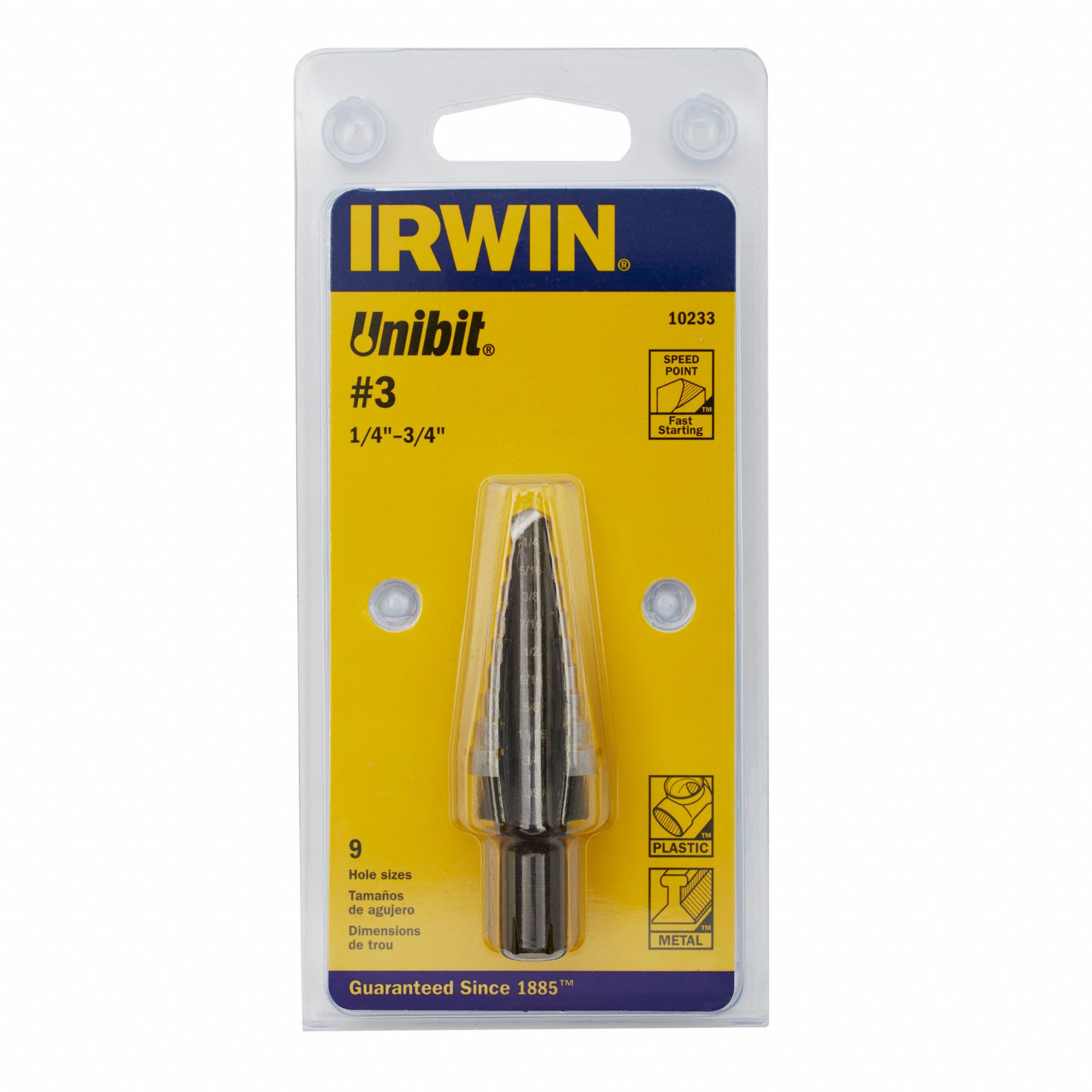IRWIN Step Drill Bit 9 Hole Sizes, 1/4 in to 3/4 in, 1/16 in Step