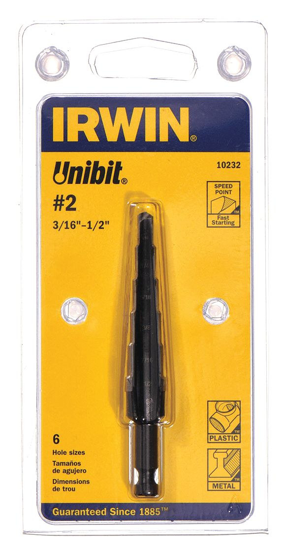 Step Drill Bit: 3/16" to 1/2", Black Oxide HSS, Hex Shank