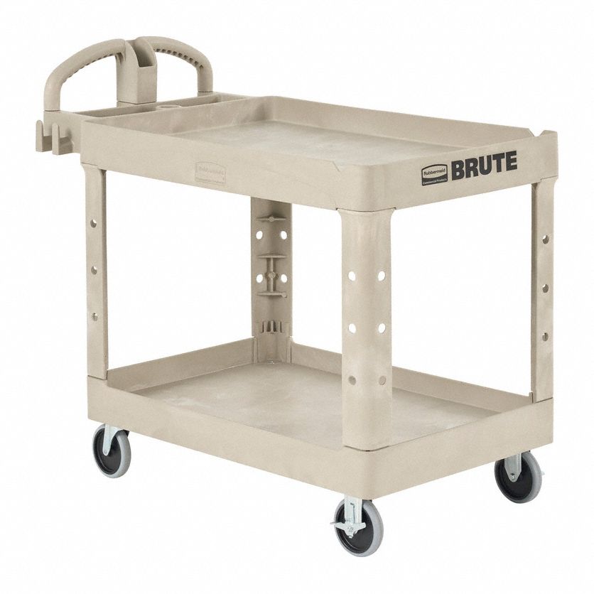 BRUTE Utility Cart with Deep Lipped Plastic Shelves: 500 lb Load Capacity,  36-3/8 in x 25 in, Beige