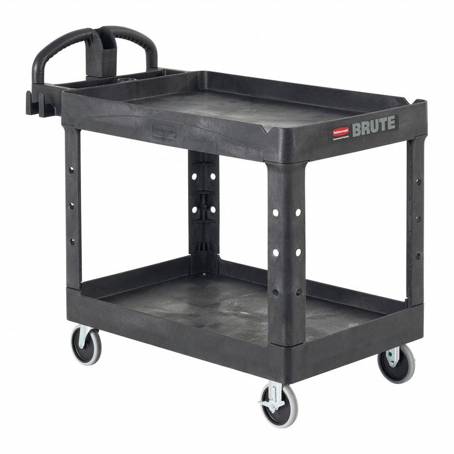 Utility Cart with Deep Lipped Plastic Shelves: 500 lb Load Capacity, 31-1/4 in x 17 in, Black