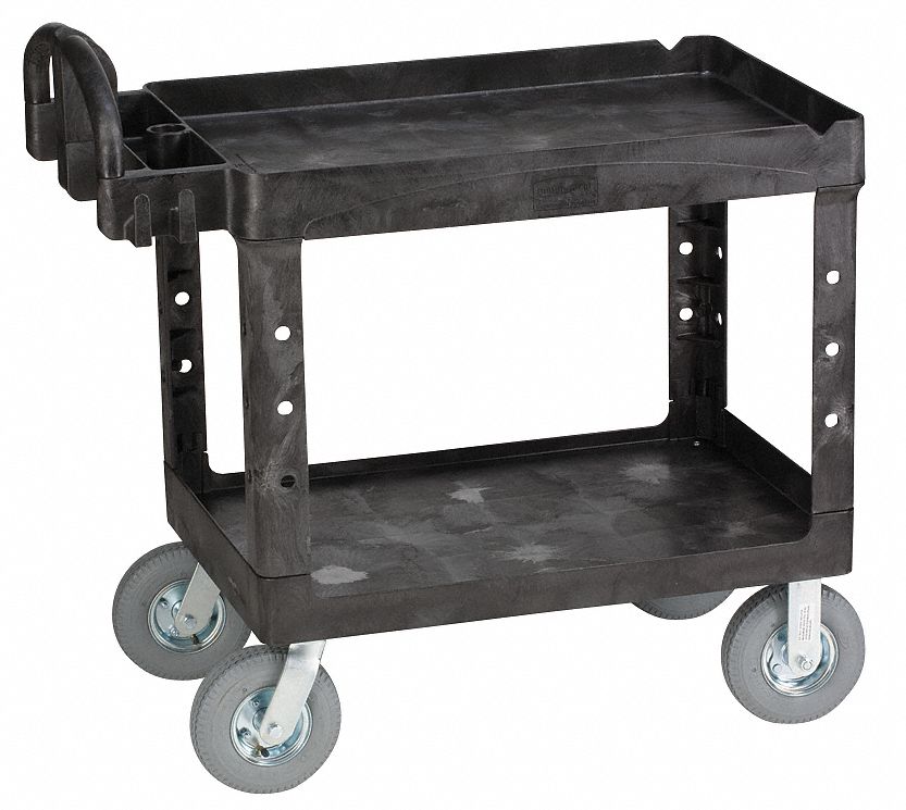 Utility Cart with Deep Lipped Plastic Shelves: 500 lb Load Capacity, 36-3/4 in x 25 in, Black