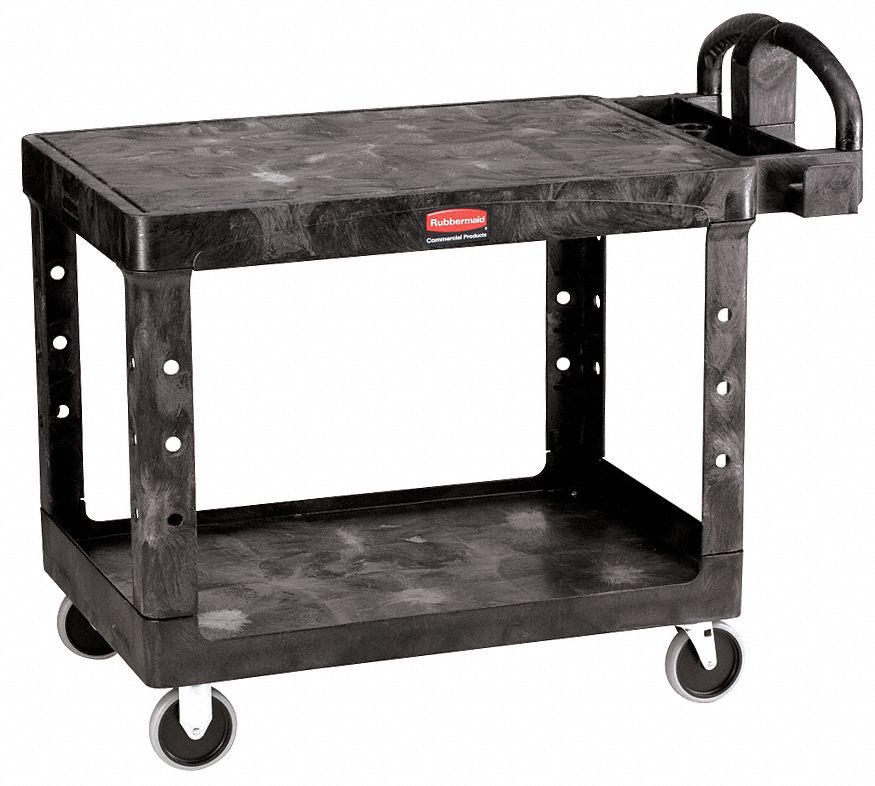 UTILITY CART WITH DEEP LIPPED & FLUSH PLASTIC SHELVES, BLACK