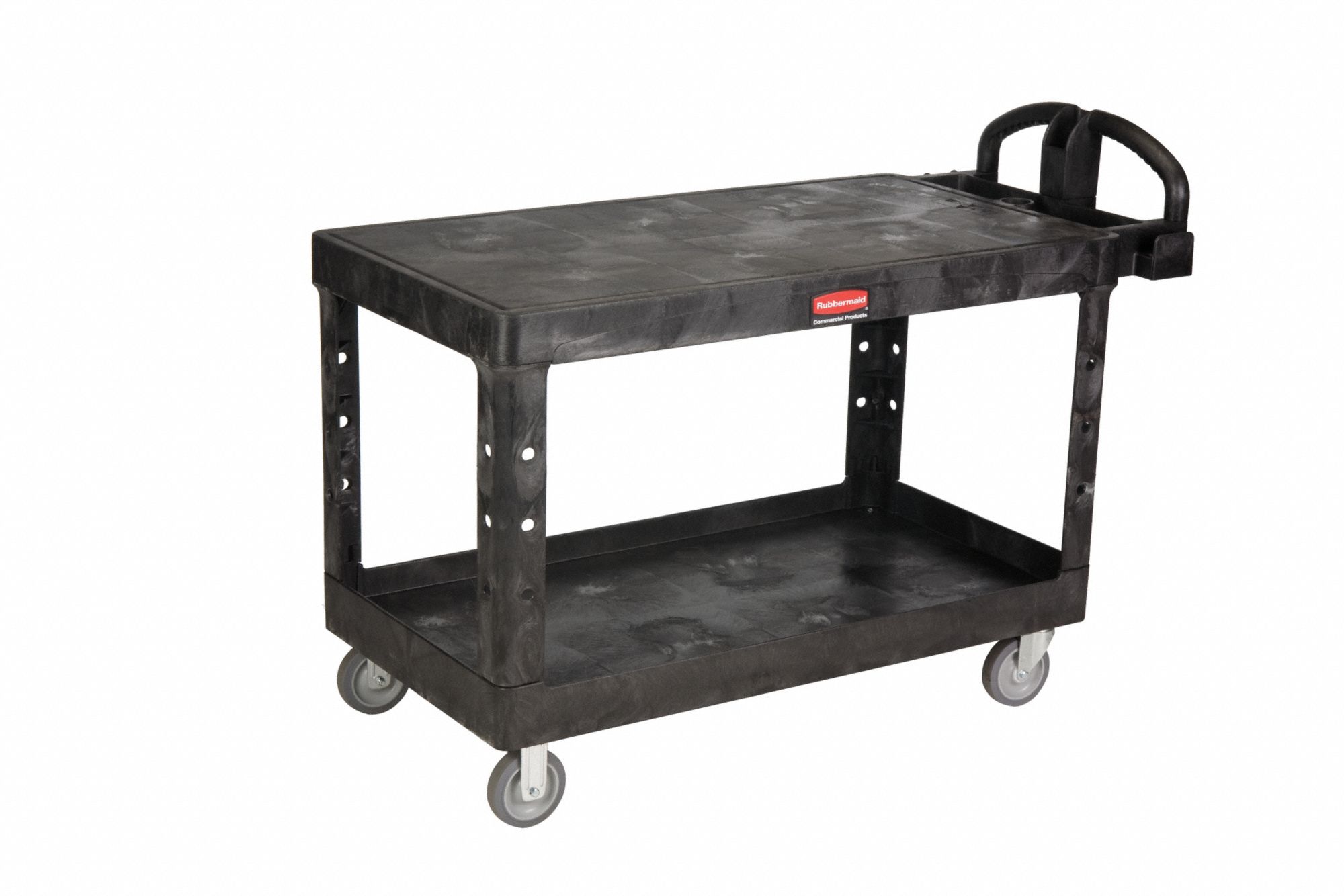 Rubbermaid FG452089BLA Black Medium Lipped Two Shelf Utility Cart with  Extended Handle