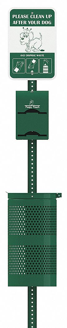 Pet Waste Station: 96 in Ht, 13 1/2 in Wd/Dia, Rectangular, Green, Pole-Mounted