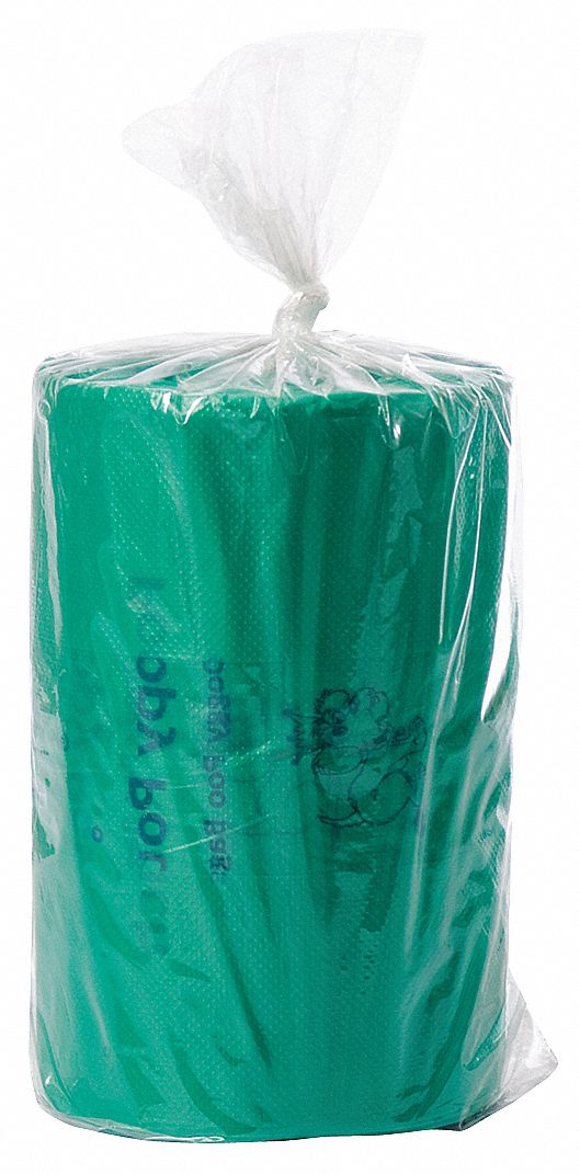 Pet Waste Bags: 3/4 gal Capacity, 5 in Wd, 15 in Ht, Green, Cored Roll, 2,400 PK