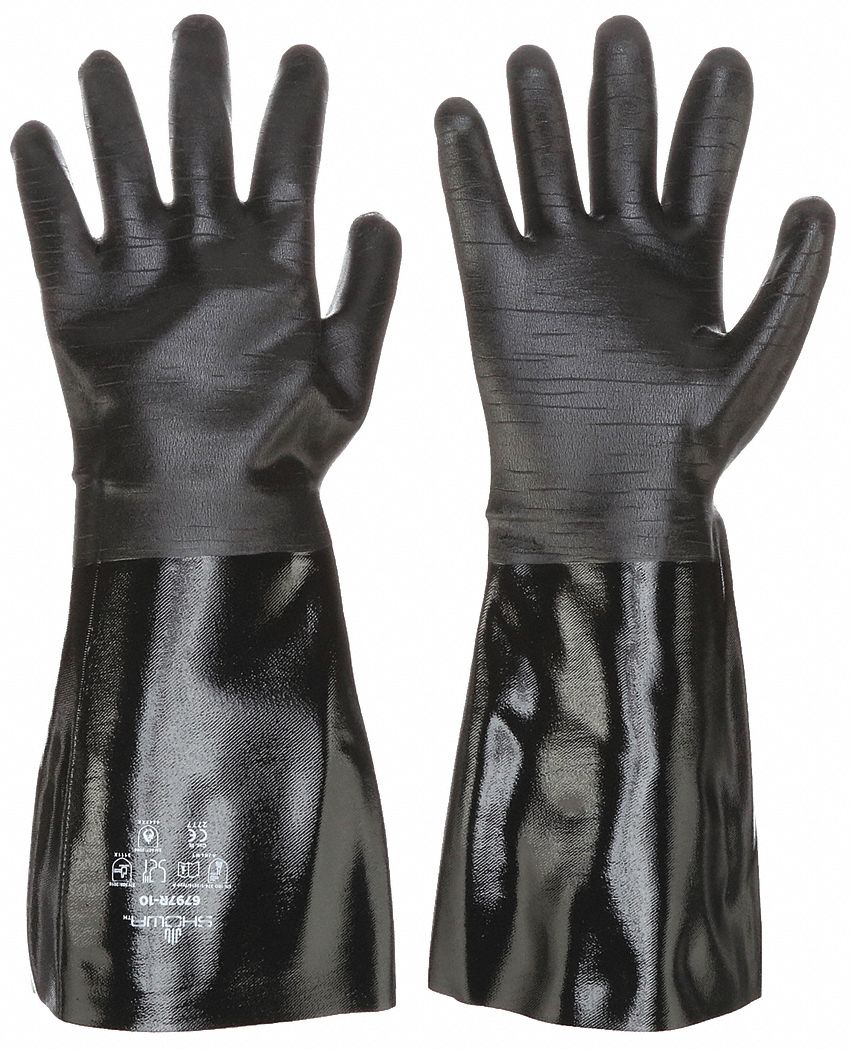 CHEMICAL RESISTANT GLOVES, 18 MIL, 18 IN LENGTH, GRAIN, SIZE 10, BLACK