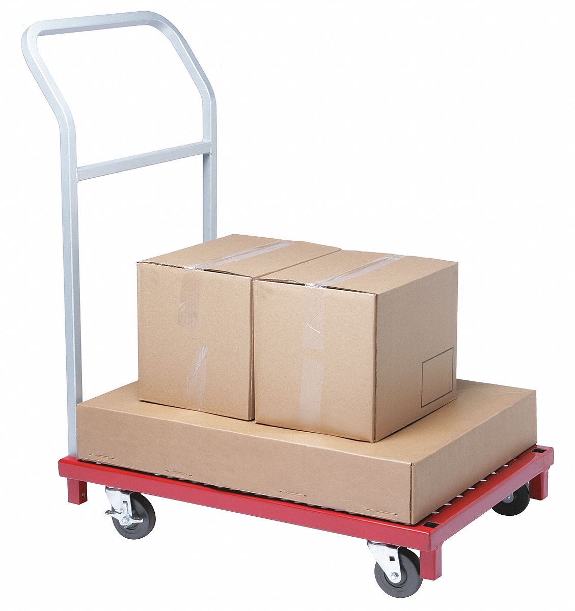FLOW-THROUGH STEEL-DECK PLATFORM TRUCK, 850 LB LOAD CAPACITY, 4 SWIVEL, RUBBER