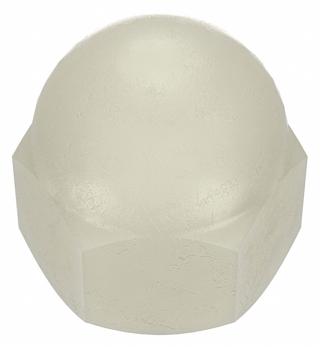 Cap Nut: 5/16"-18 Thread, Plain, Nylon, 0.531 in Ht, 1/2 in Hex Wd, 10 PK