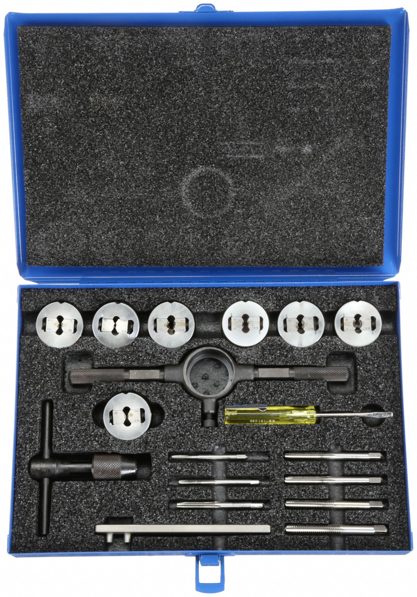 Tap and Die Set: 18 Pieces, #4-40 Min. Tap Thread Size, 1/4"-20 Max. Tap Thread Size, Plug