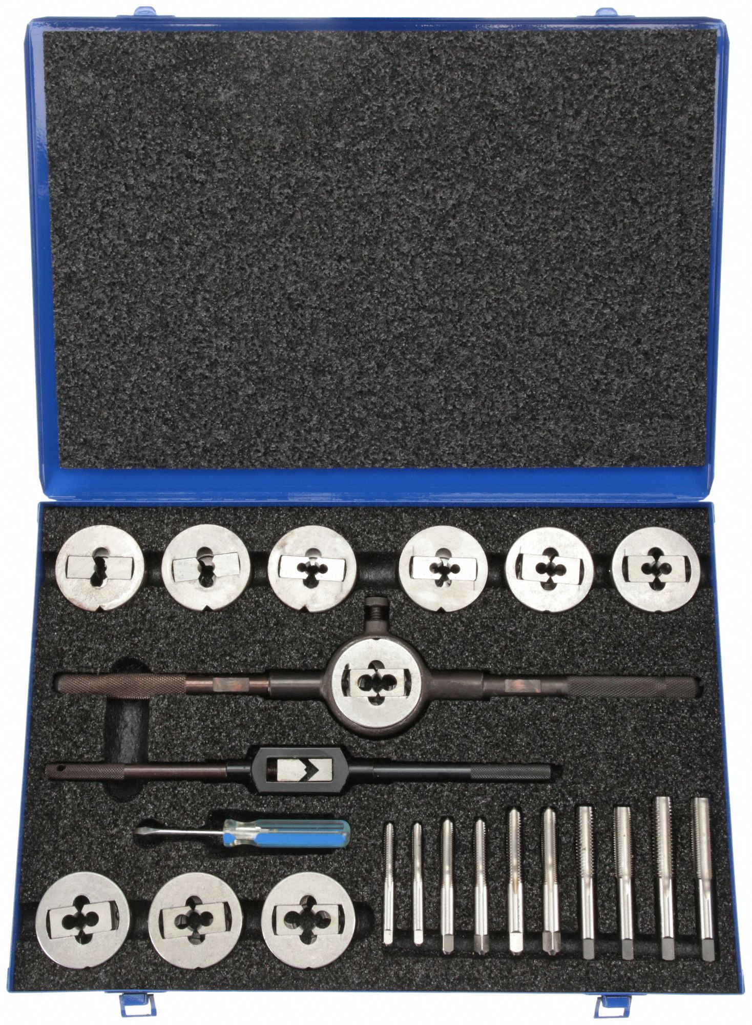 Tap and Die Set: 23 Pieces, 1/4"-20 Min. Tap Thread Size, 1/2"-20 Max. Tap Thread Size
