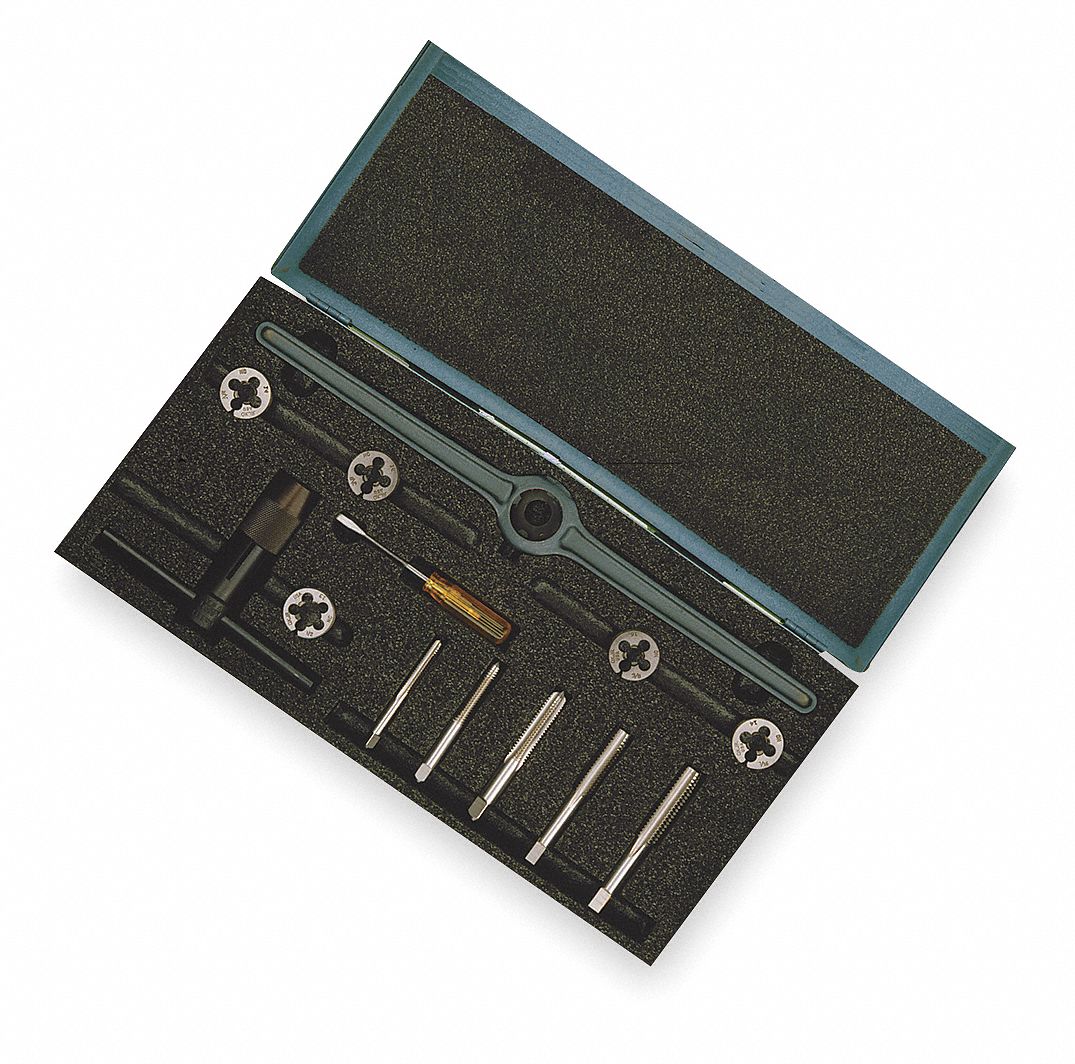 Tap and Die Set: 13 Pieces, 1/4"-20 Min. Tap Thread Size, 1/2"-13 Max. Tap Thread Size