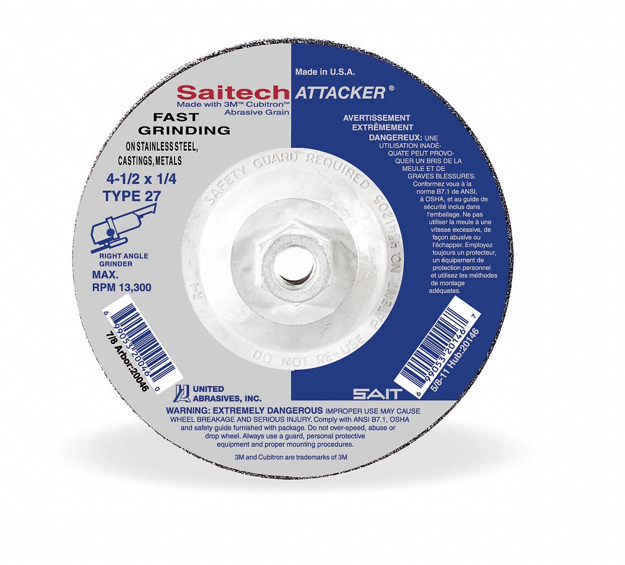 United Abrasives Sait Type 27 Ceramic Depressed Center Wheels 4 1 2 In 5 8 11 Arbor Hole Size 0 25 In Thickness 4ayf3 146 Grainger