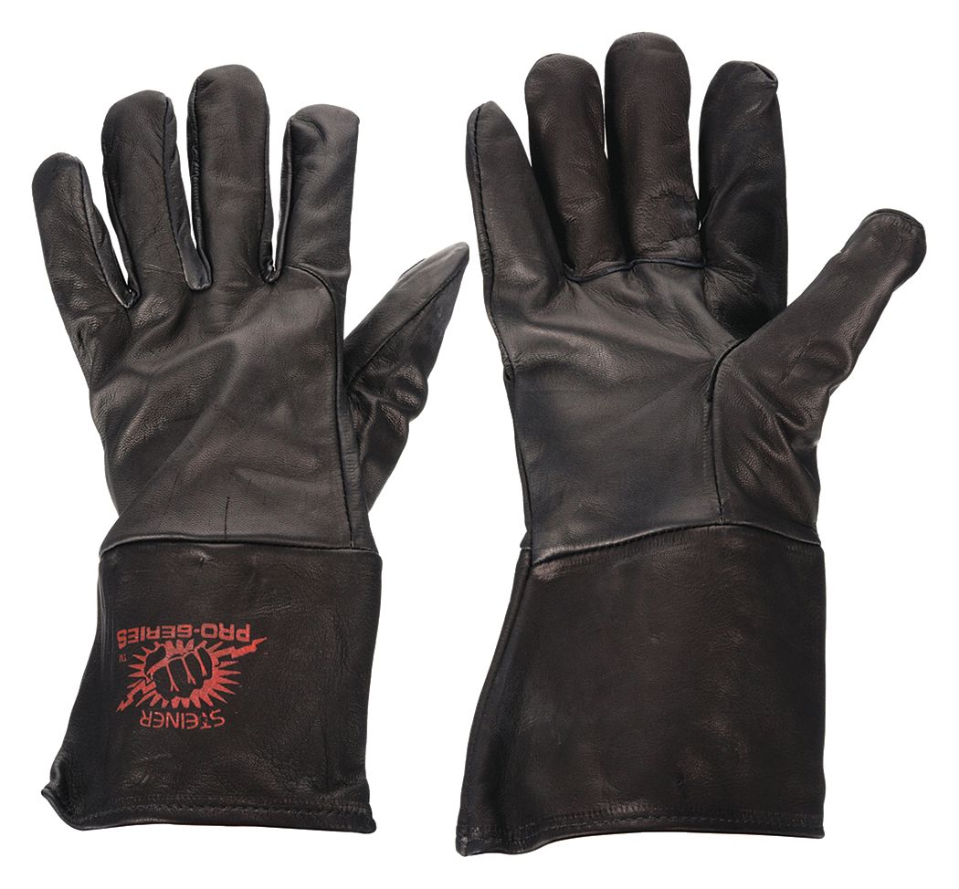 Welding Gloves: Straight Thumb, Gauntlet Cuff, Premium, Black Kidskin, L Glove Size, Unlined, 1 PR