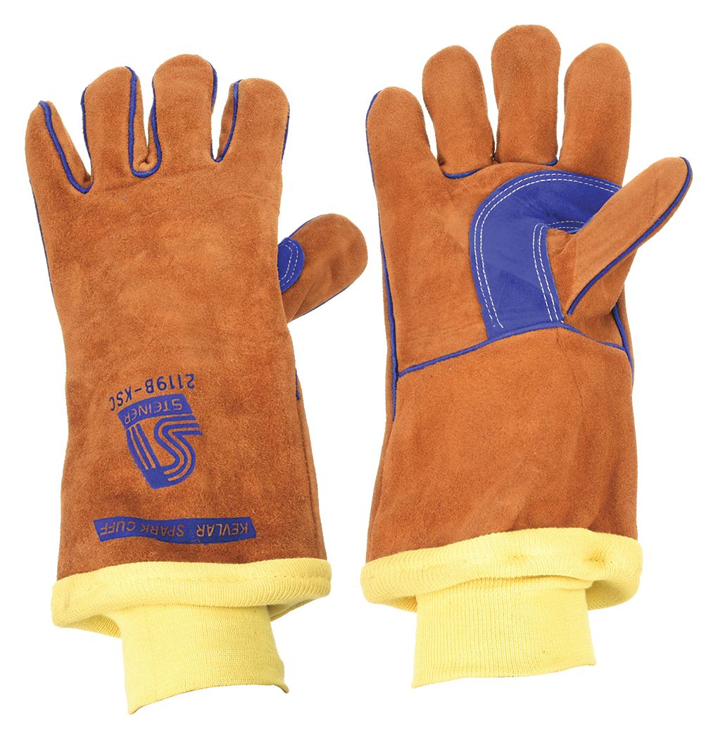 Welding Gloves: Wing Thumb, Knit Cuff, Premium, Brown/Blue Cowhide, Steiner 2119B-KSC, 1 PR