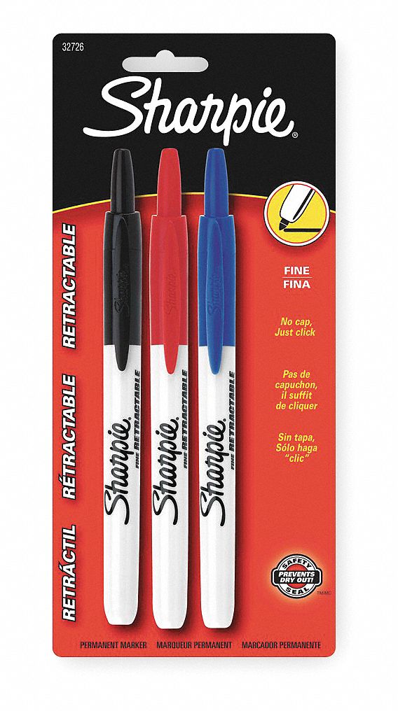 Permanent Marker Set: Assorted, Black/Blue/Red, Retractable, Fine, Single Tips, Std, 3 PK