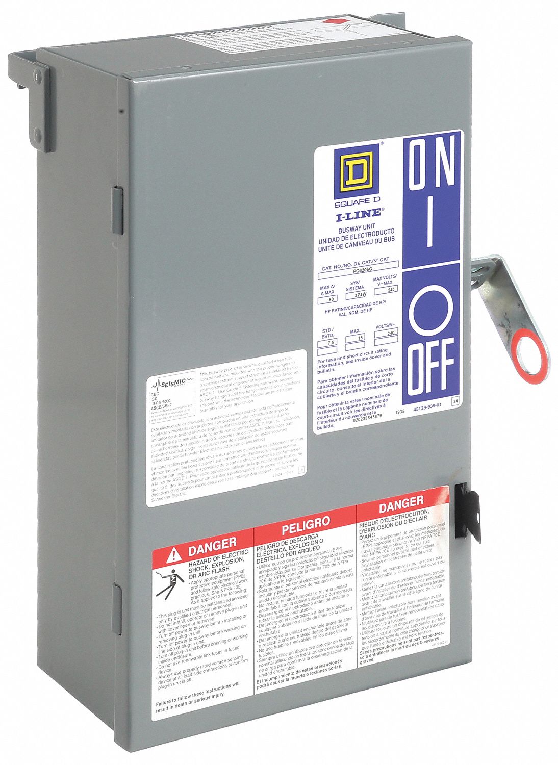 Busway Plug In Unit: Fusible, 60 A Amps, 600V AC, PQ, H/K/R, 3 Phase, 3 Wire with Ground