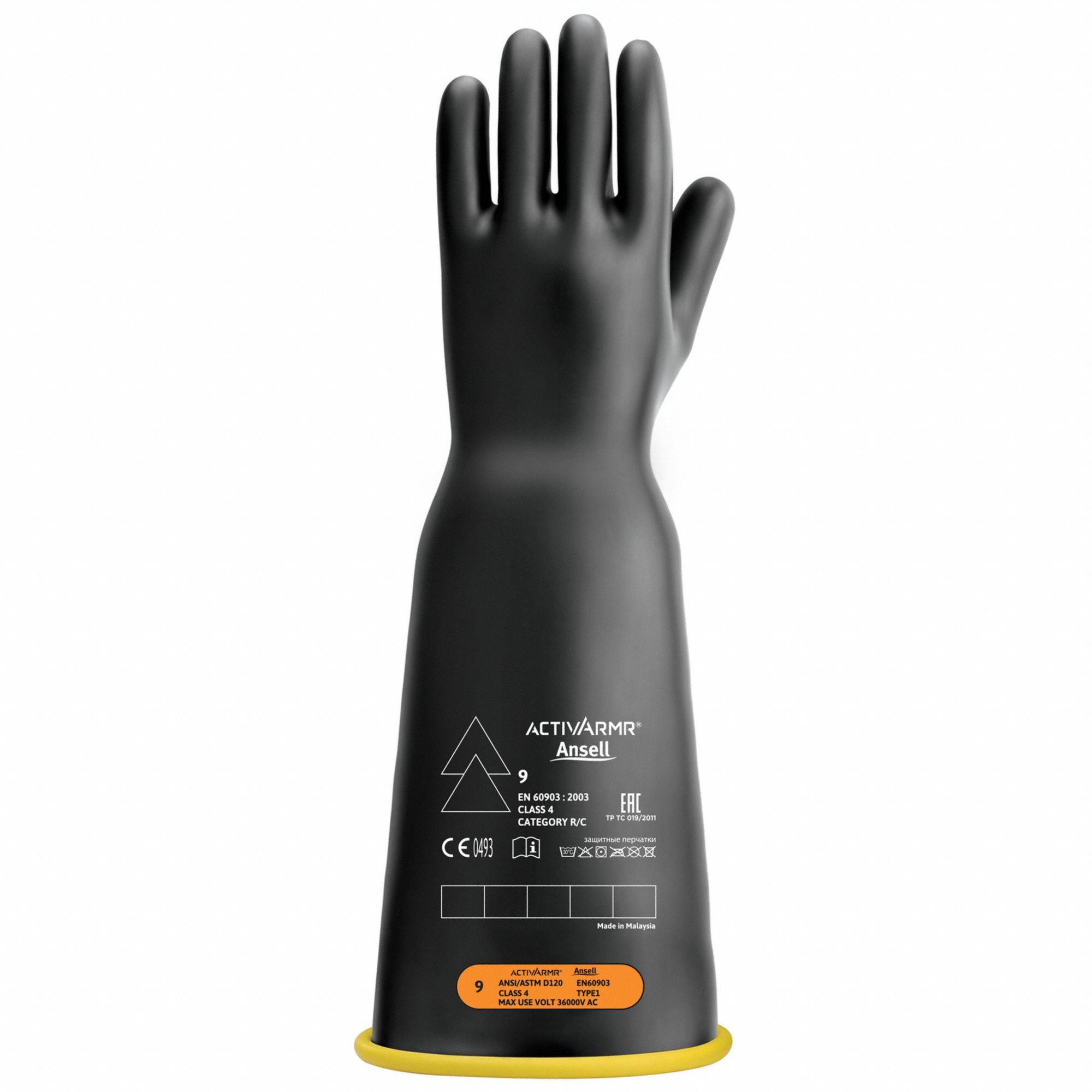 Electrical-Insulating Gloves: 36, 000V AC, 54, 000V DC, Black/Yellow, 18 in Glove Lg, 1 PR