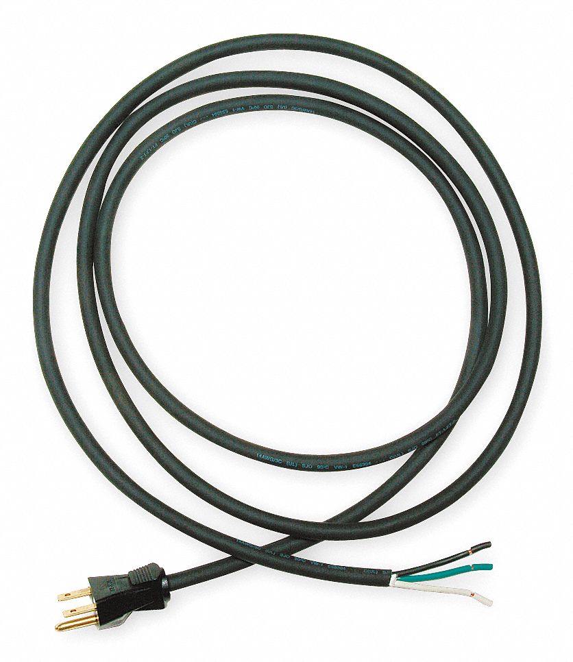 Power Supply Cord, 14 AWG, Number of Conductors 3, Rubber, Black, 15.0