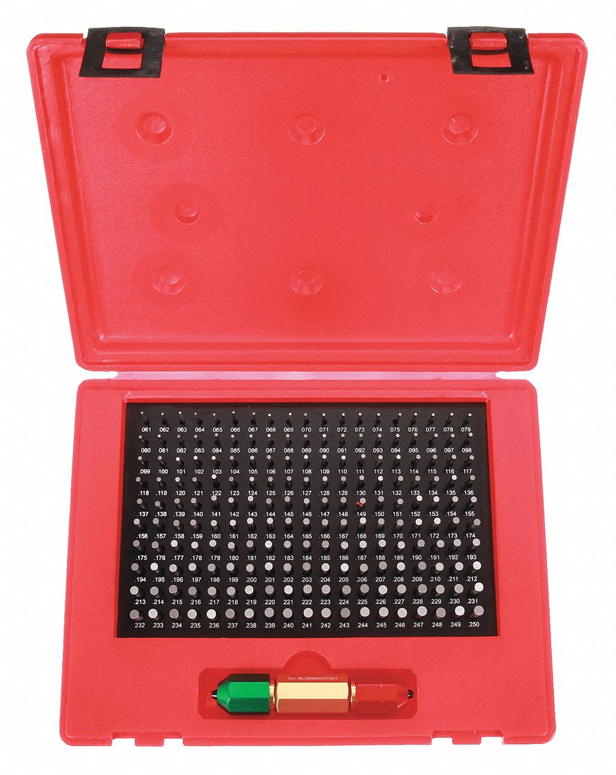 PIN GAUGE SET, 0.061 TO 0.25 IN DIAMETER RANGE, 190 GAUGES, 01 IN DIAMETER INCREMENT