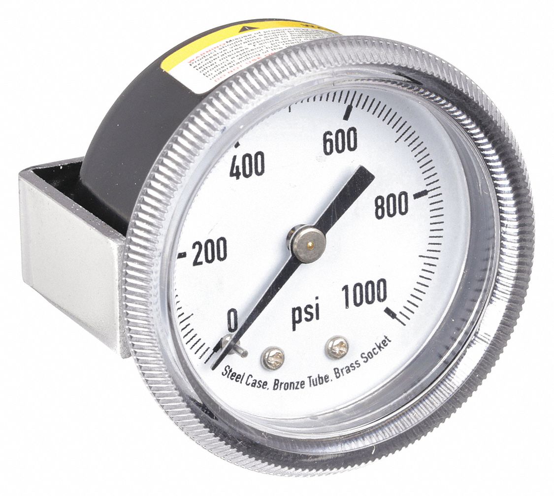 PANEL-MOUNT PRESSURE GAUGE, U-CLAMP, 0 PSI TO 1,000 PSI, 2 IN DIAL, 1/4 IN NPT MALE
