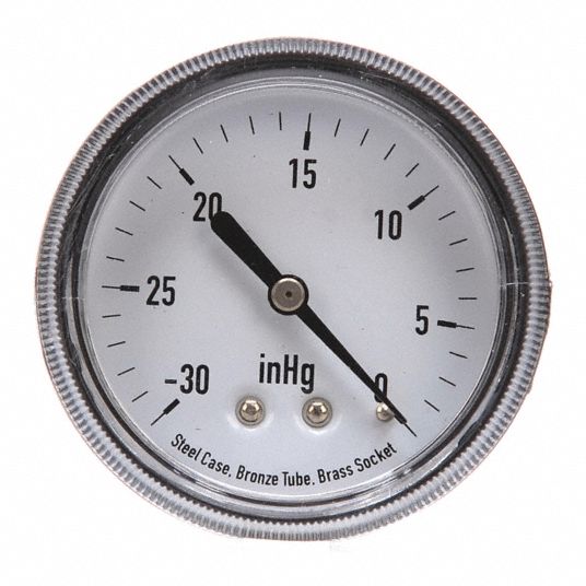 GRAINGER APPROVED Vacuum Gauge, 30 in Hg Vac to 0 Range, 1/4 in MNPT, ±