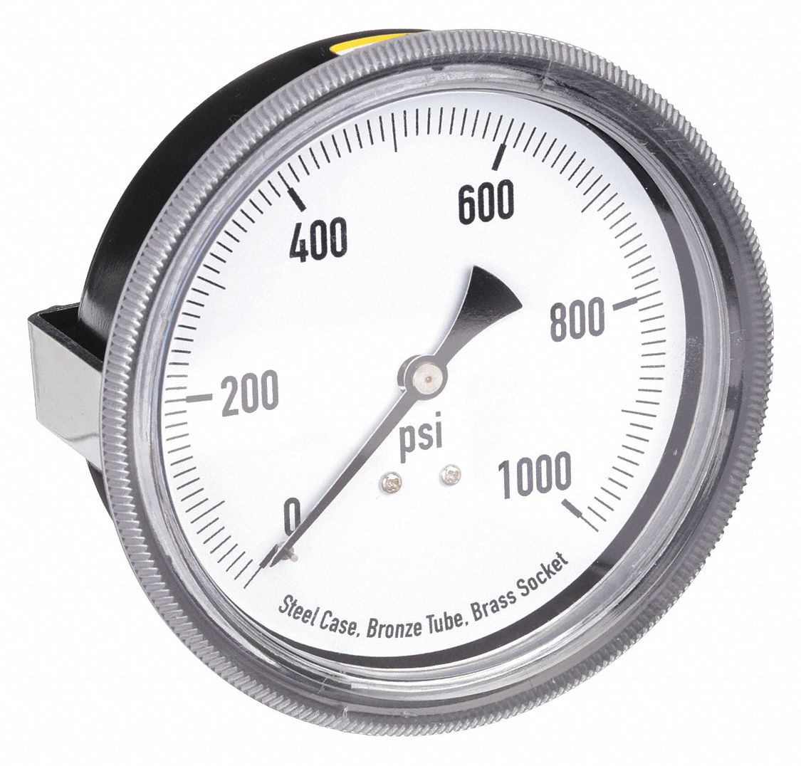 PANEL-MOUNT PRESSURE GAUGE, U-CLAMP, 0 PSI TO 1,000 PSI, 3 1/2 IN DIAL, CENTRE BACK