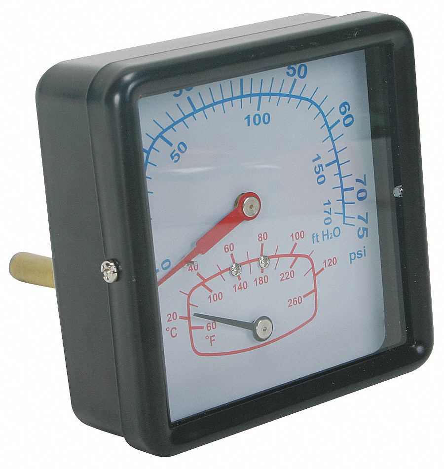 GRAINGER APPROVED Square Boiler Gauge with 1/2 in MNPT Lower Back Connection, 0 to 75 psi