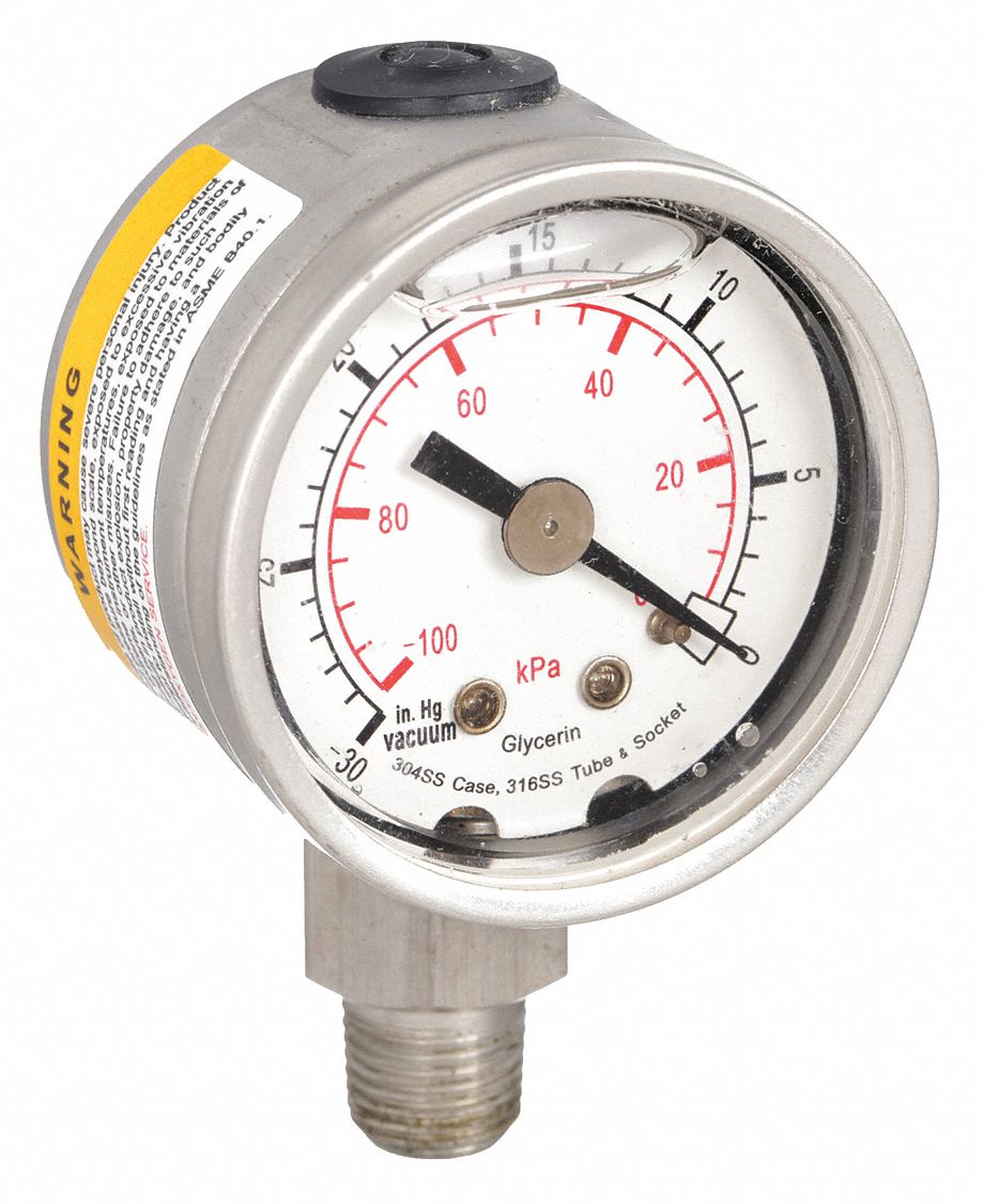 VACUUM GAUGE,FILLED,1 1/2 IN,30 IN