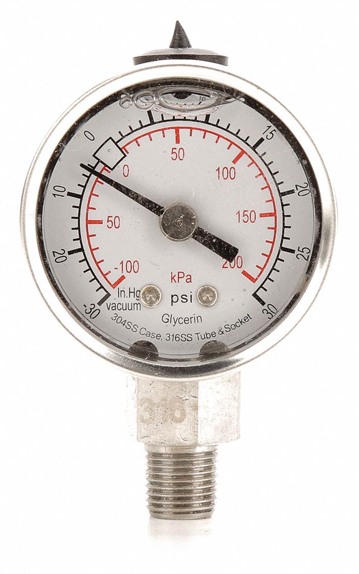 GRAINGER APPROVED Compound Gauge, 100 kPa Vac to 200 kPa, 30 in Hg Vac