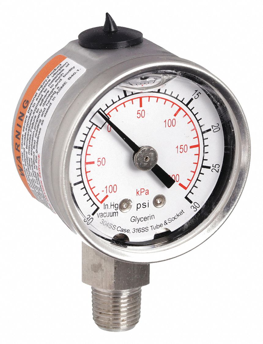 Commercial Compound Gauge: 30 in Hg to 0 psi / Hg to 30 psi, 1 1/2 in Dial, Bottom