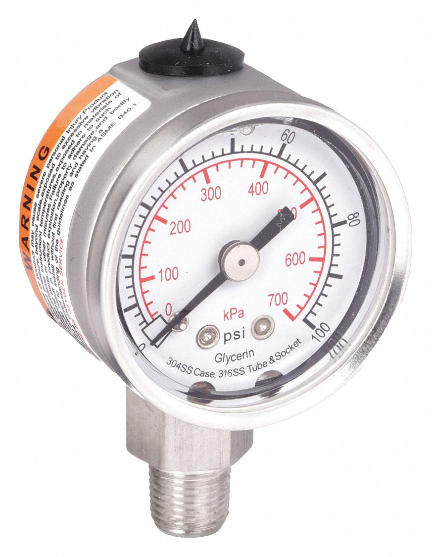 Commercial Pressure Gauge: 0 psi / Hg to 100 psi, 1 1/2 in Dial, 1/8 in NPT Male
