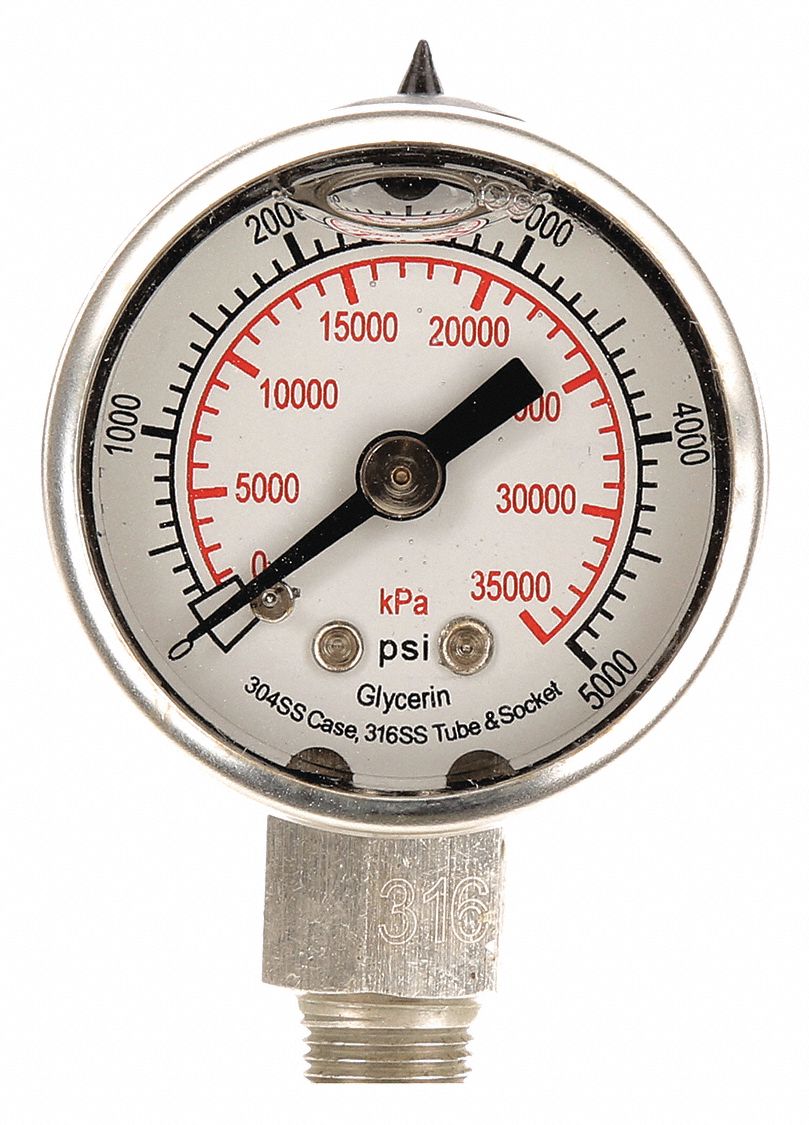 GRAINGER APPROVED Pressure Gauge, 0 to 35,000 kPa, 0 to 5000 psi Range