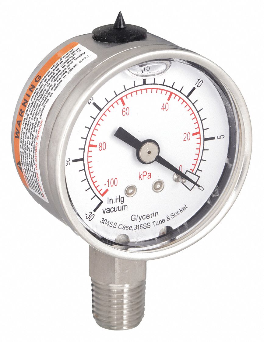 Commercial Vacuum Gauge: 30 in Hg, 2 in Dial, 1/4 in NPT Male, Bottom, Liquid-Filled