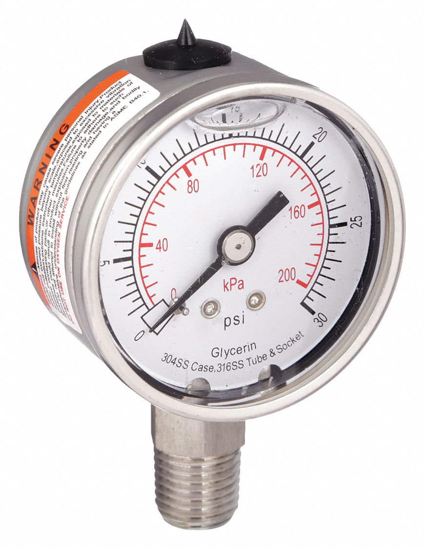Commercial Pressure Gauge: 0 psi / Hg to 30 psi, 2 in Dial, 1/4 in NPT Male, Bottom